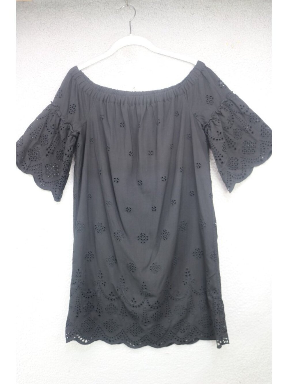 Madewell Short Flutter Eyelet Sleeves Off the Shoulder Black Dress-2-Whimsigoth